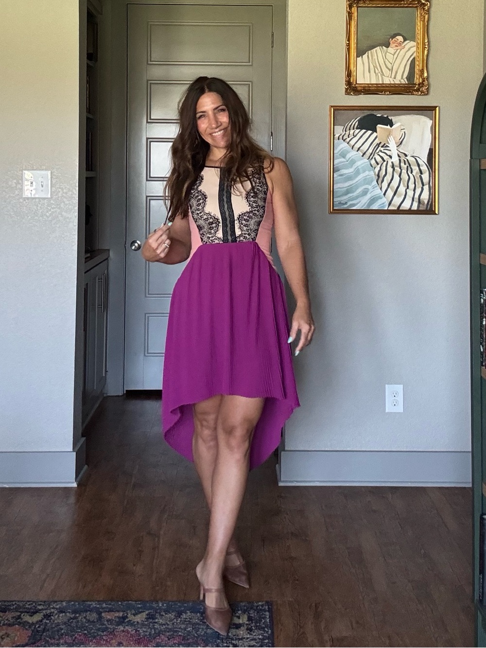 Coveted Lace Illusion High Low Pleated Cocktail Dress Medium